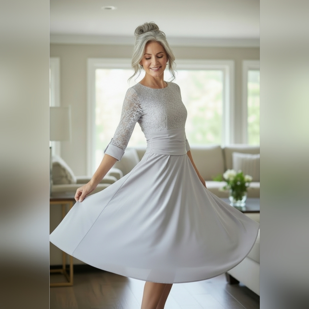 Jessica Howard 3/4 Sleeve Dress in Silver From Shoulder to hem is 48"
